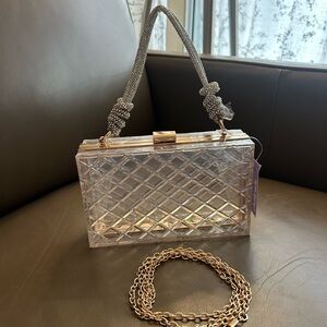 Luxurious Clear Acrylic Box Quilted Clutch, handheld dual strap with Gold Chain